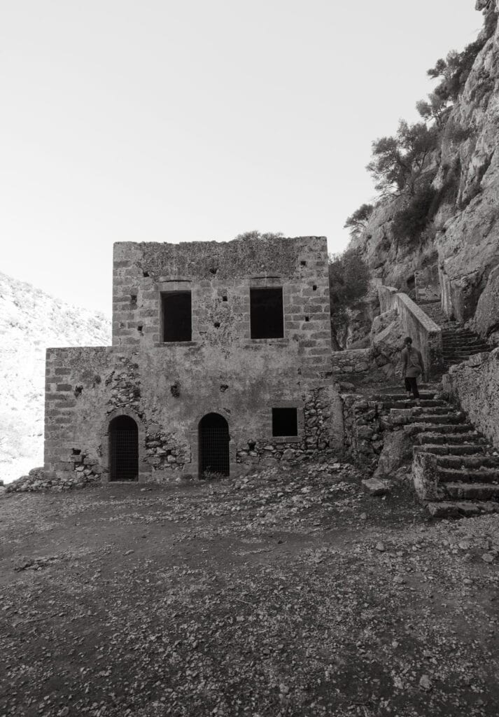 beautiful black and white portrait of a part of Katholiko Monastery in Crete, Greece