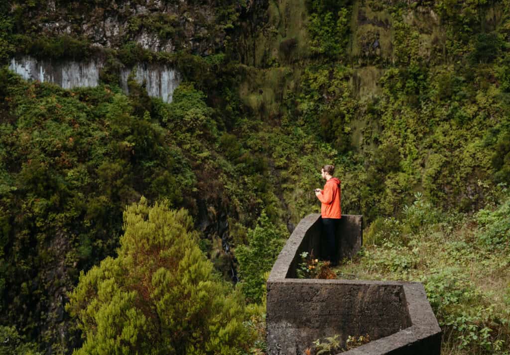 Caleb stopping at a rest stop while hiking in Madeira to admire the view of the dense greenery along the trail