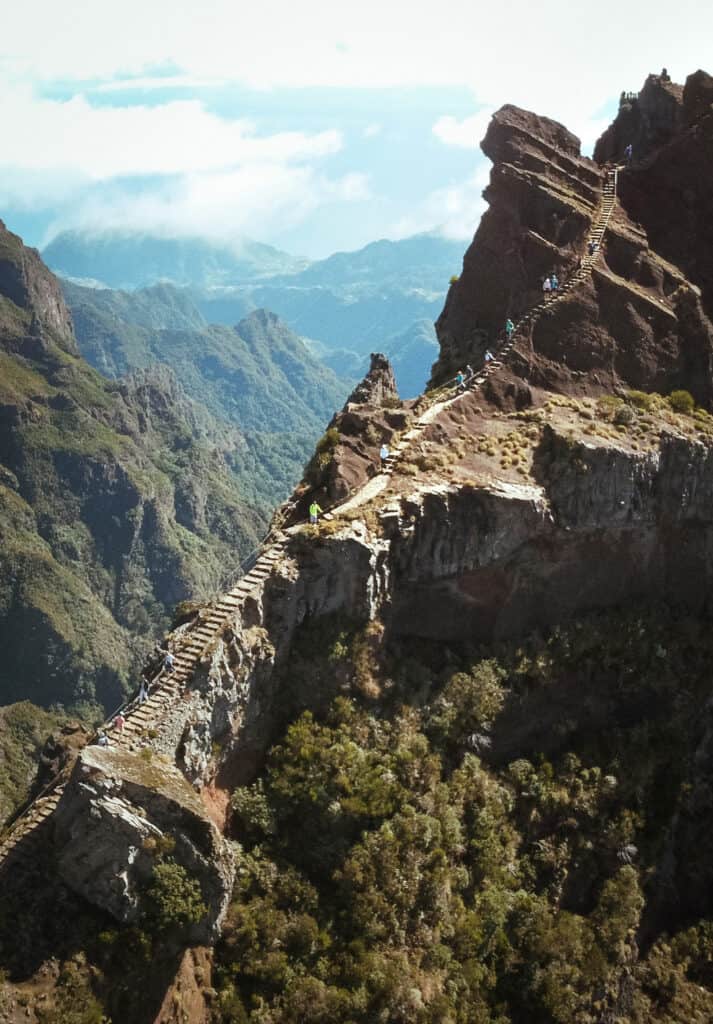 stunning drone view of the famous stairs on the Pico Do Areiro Hike in madeira