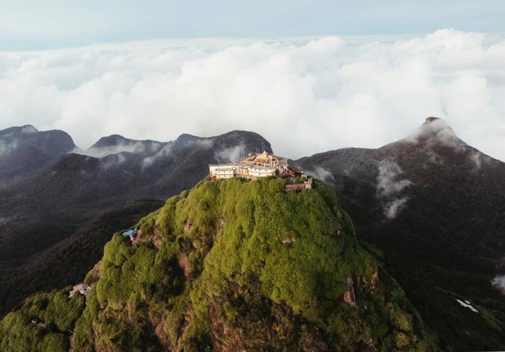 stunning sunrise view of Adam's Peak from a drone.