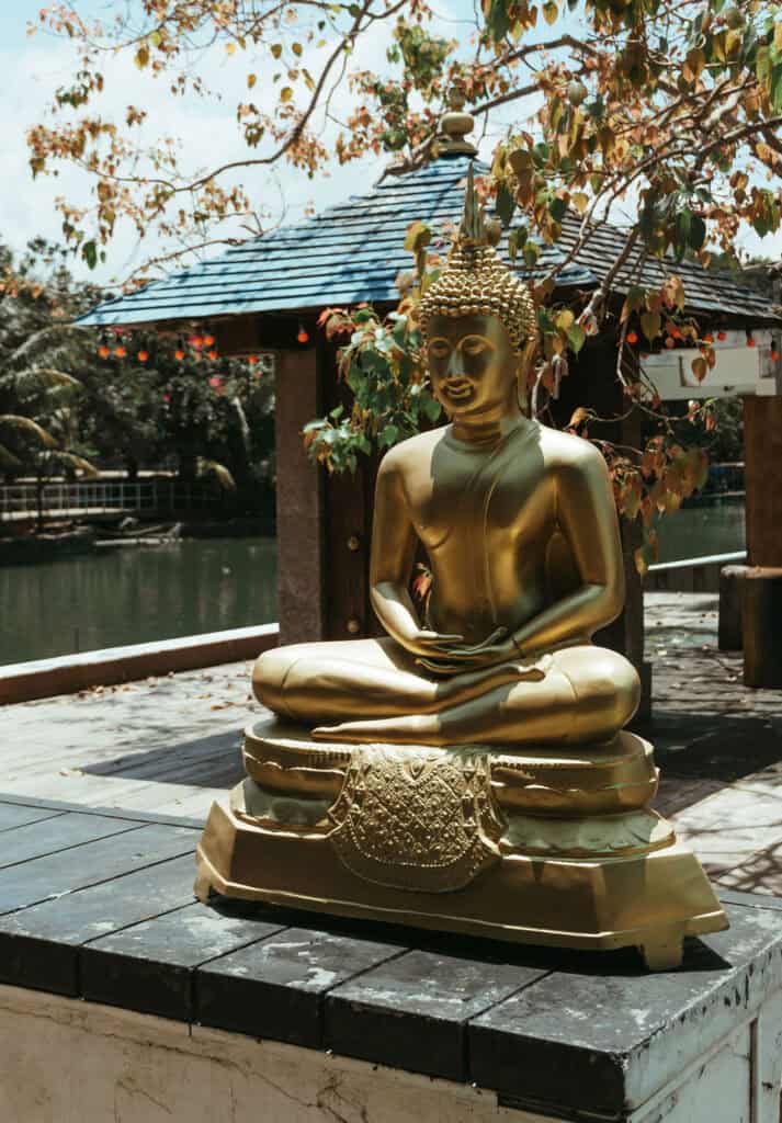 Golden Buddha statue seated in a meditative pose at an outdoor area near a pavilion and tree at Gangaramaya Temple in Colombo, Sri Lanka, with peaceful surroundings including a nearby body of water.