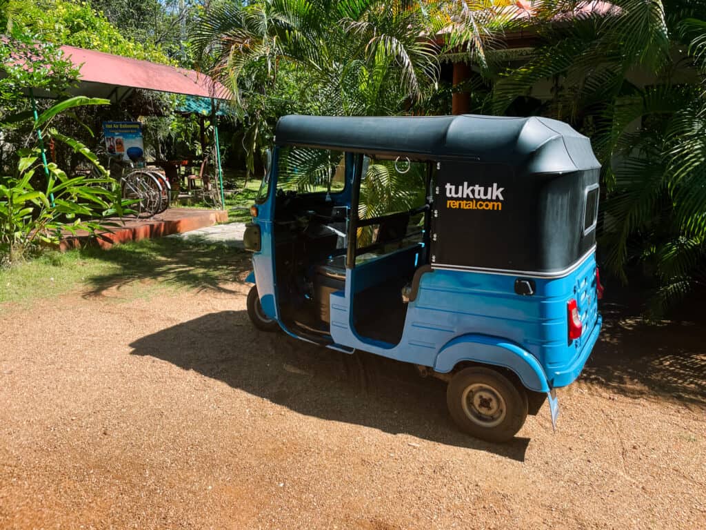 our tuktuk rental parked by our homestay in Sri Lanka from tuktukrental.com