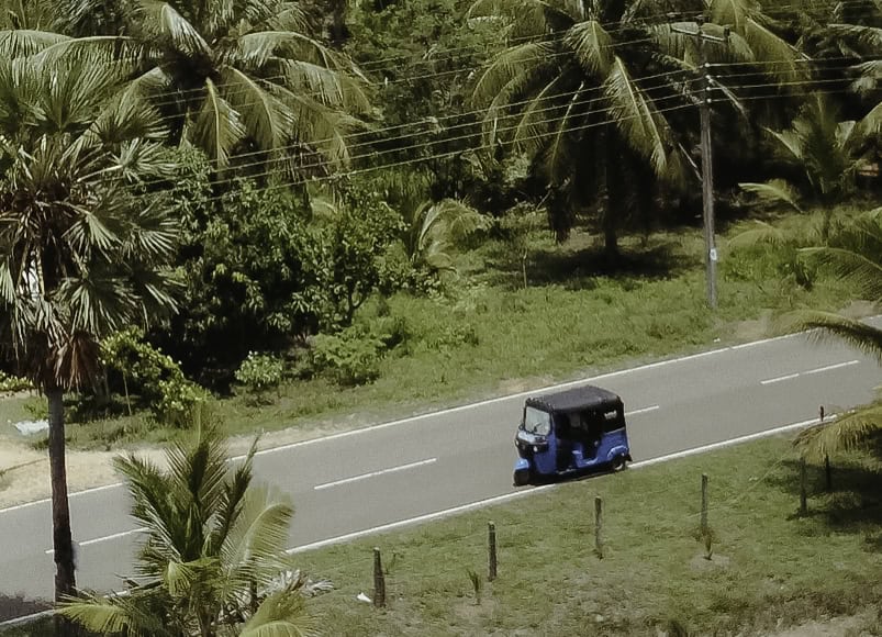 A drone view of our vehicle after renting a tuktuk in Sri Lanka. The roads are clear and surrounded by beautiful palm trees