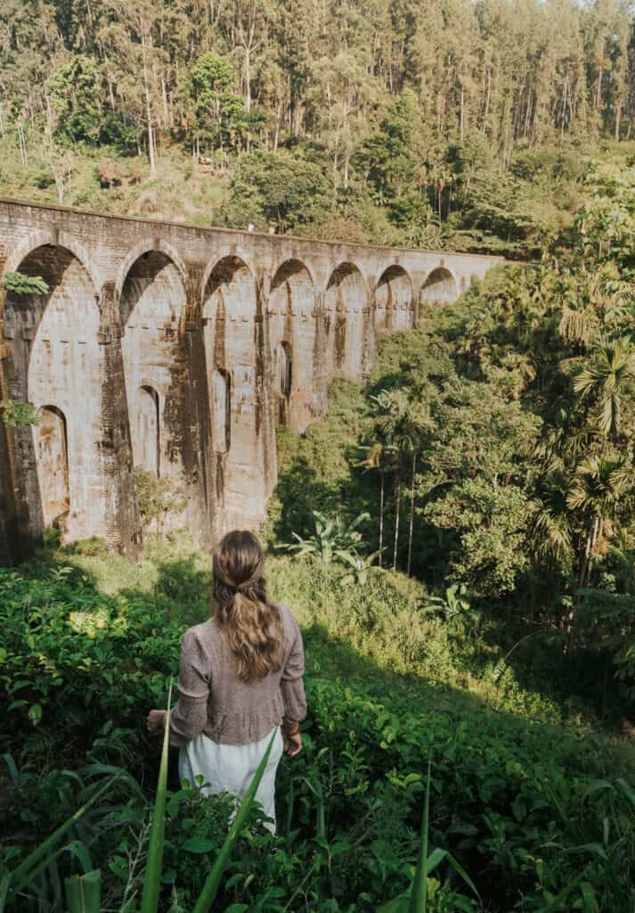 Sarah standing in the tea fields gazing at the Nine Arches Bridge in Ella, Sri Lanka.